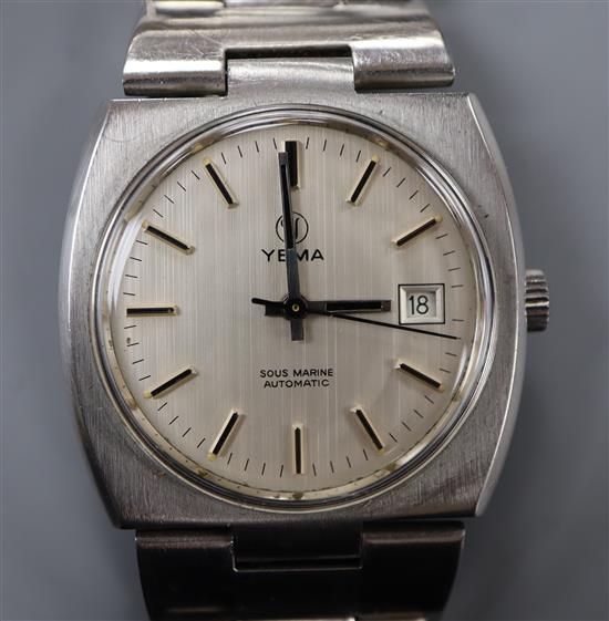 A gentlemans stainless steel Yema Sous Marine Automatic wrist watch, on stainless steel Yema bracelet.